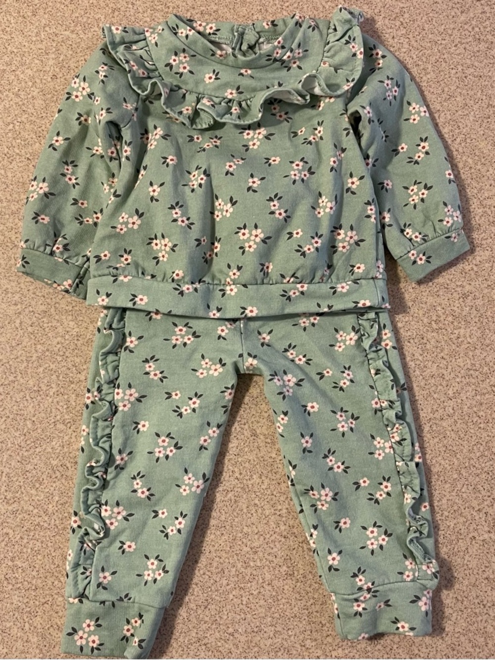 Floral Ruffle Matching Set - Green 9-12m